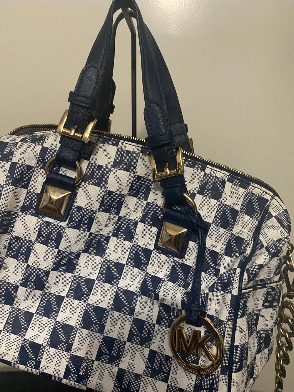 Michael Kors Navy and White Checker Satchel with Gold Accents - Picture 2 of 6